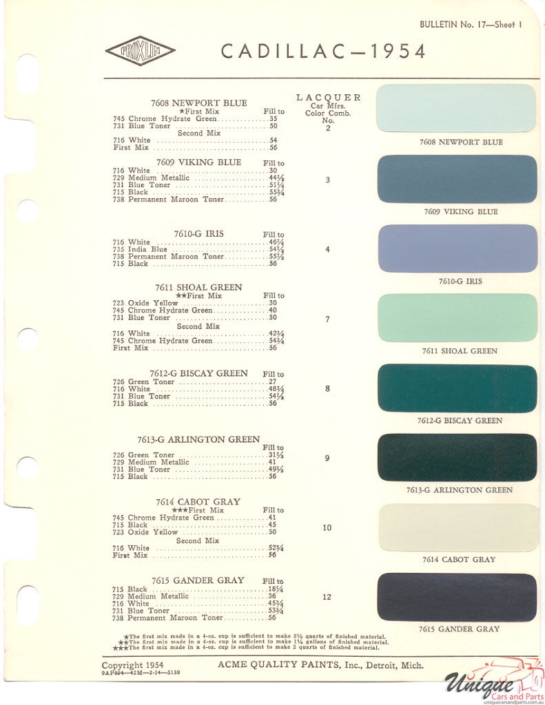 1954 Cadillac Paint Charts Acme 1